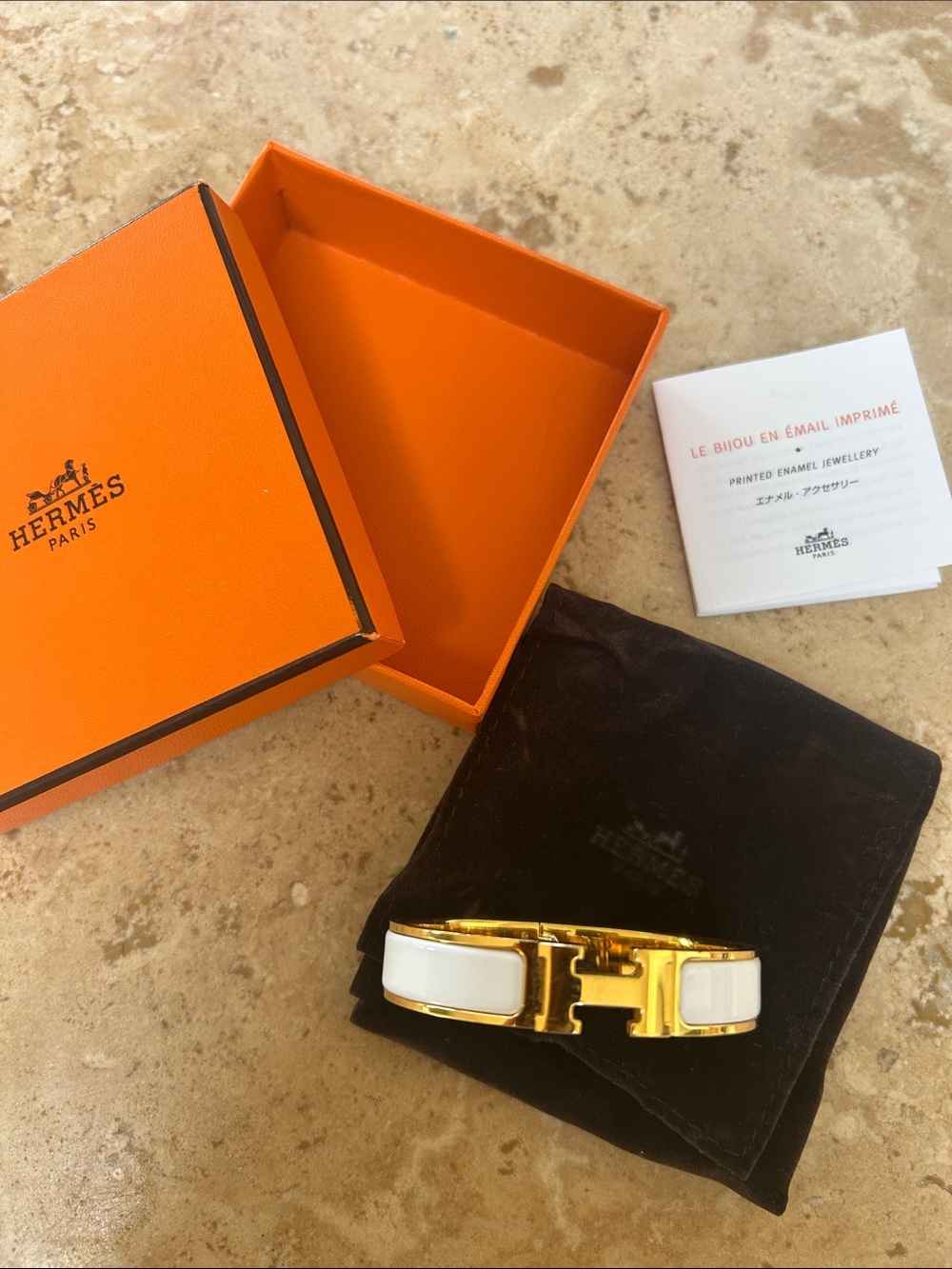 Authentic Hermes White Enamel Bracelet with Gold Hardware